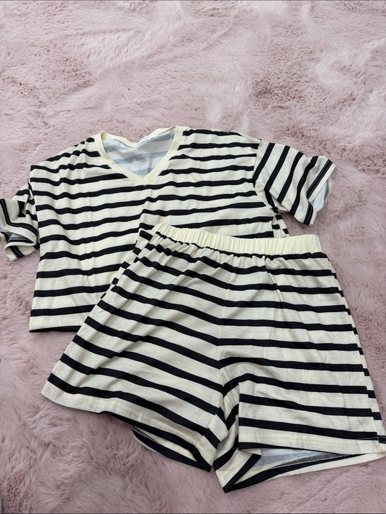 Amazon Tops - Amazon Black & Cream Striped Women's Short Sleeve Pajama Set